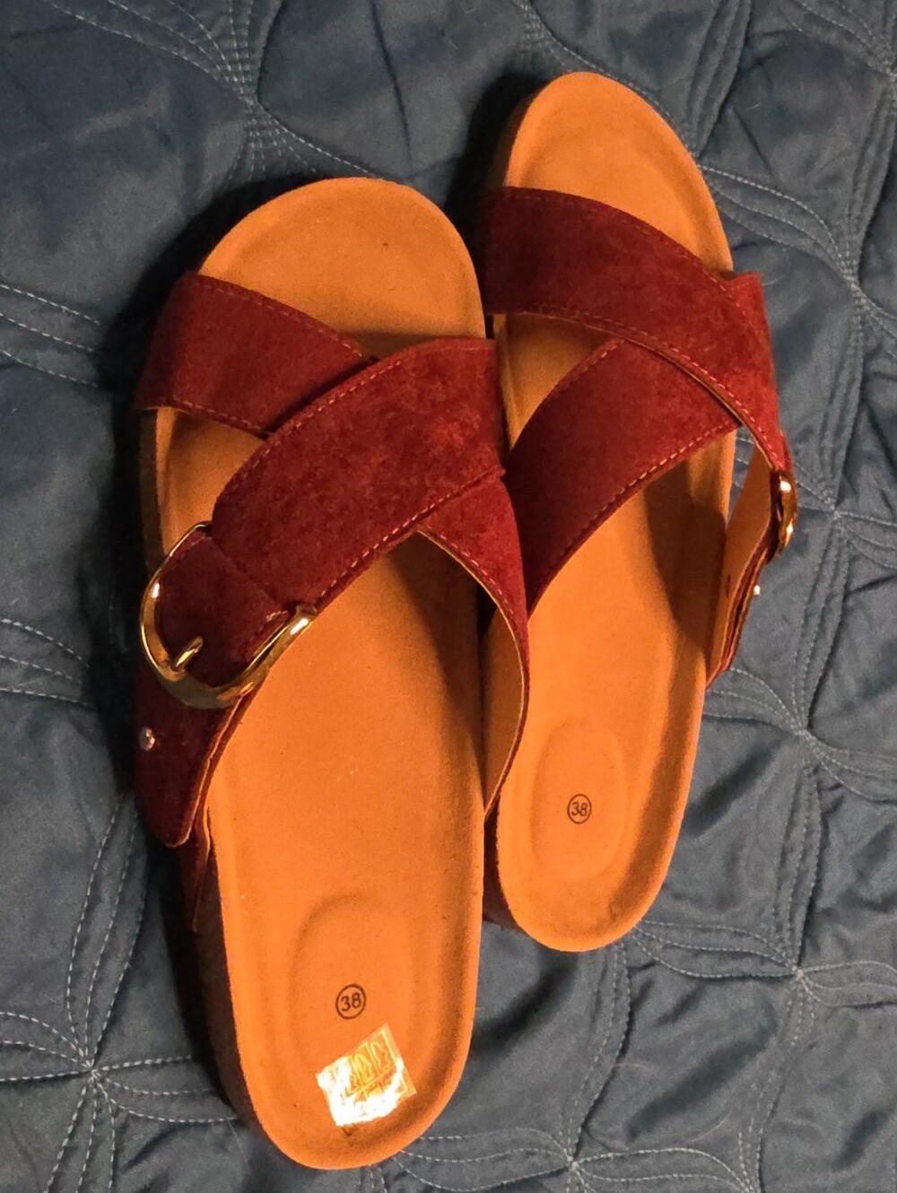 Suede Cross-Strap Slide Sandals in Burgundy with Gold Buckle